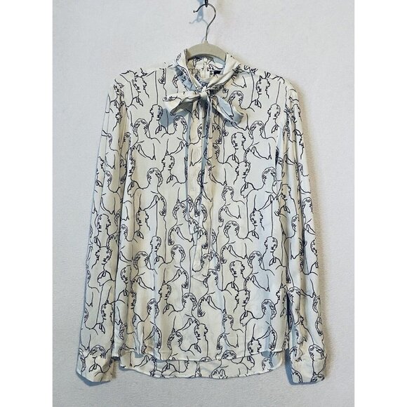 Asos Top Womens Small White Black Abstract Face Print Tie Neck Artsy Boho - Picture 1 of 7